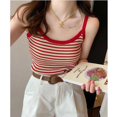 2023 Ice Silk Sling Womens Summer Outwear White Stripe Knitted Tank Top with Underlay Slim Fit Collar Outwear Top  YDAB