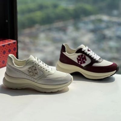 2023 new Tory Burch Two Colors Cowhide breathable mesh fabric stitching lace-up sneaker casual shoes