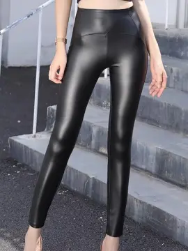 Shiny Patent Leather Leggings Women High Waist PU leather Pencil Pants  Stretch Wet Look Trousers Elastic Black Leggings