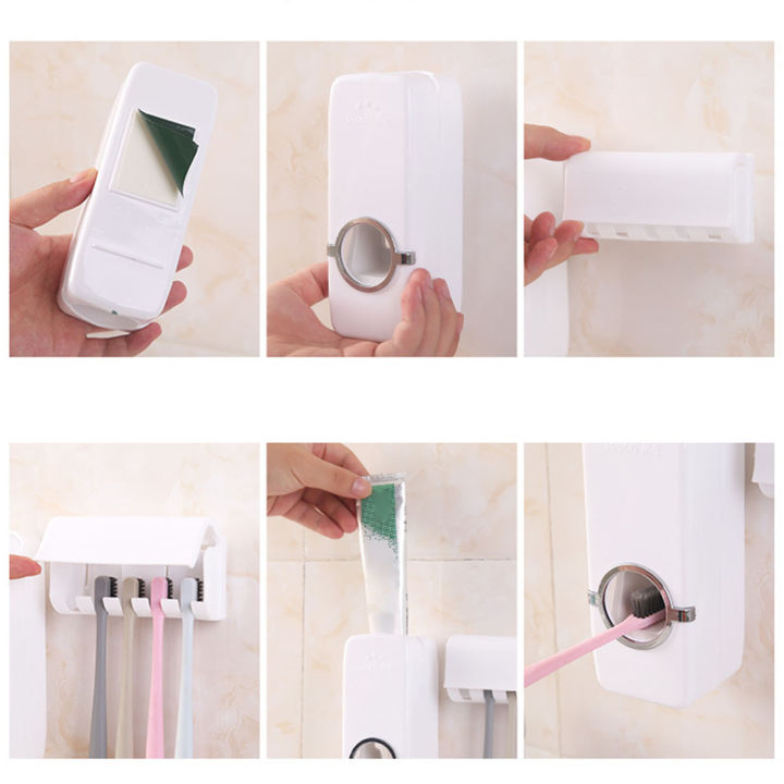 ยาสีฟันที่จับแปรงสีฟัน-hji-เครื่องกดติดผนังเครื่องจ่ายยาสีฟันอัตโนมัติ5ช่องที่จัดระเบียบแปรงสีฟันสำหรับชั้นวางของในห้องน้ำ