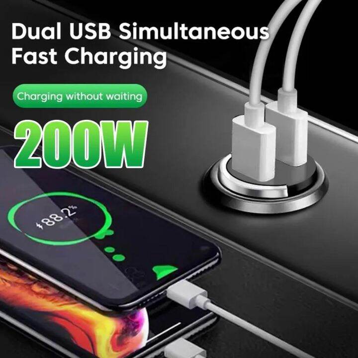 200w-qc-3-0-mini-2พอร์ต-usb-ตัวชาร์จแบบมีไฟแหวนดึงอะแดปเตอร์ชาร์จโทรศัพท์ที่ชาร์จไฟบนรถยนต์อย่างรวดเร็วสำหรับไอโฟนหัวเหว่ยเซียวมิซัมซุงแบบพกพา