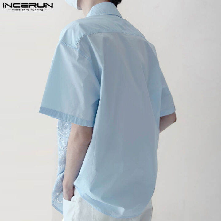 incerun-เสื้อถักแบบลำลองแฟชั่นผู้ชายแขนสั้น-เสื้อเสื้อปักลายกลวงออกปกเสื้อ-สไตล์เกาหลี