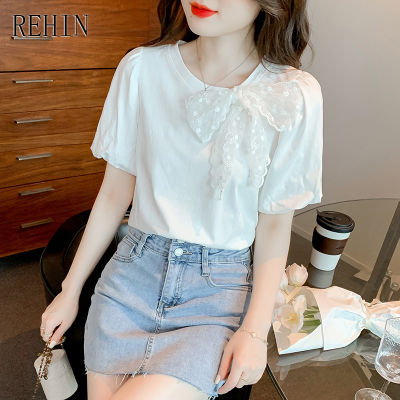 REHIN Women S Top Niche Short-Sleeved T-Shirt Bow Flower Sweet Lace Bubble Sleeve Elegant Blouse