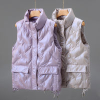 【cw】2022 Autumn and Winter New Glossy Short Embroidery down Cotton Vest Womens Korean-Style Loose Fashion Stand-up Collar Cotton-Padded Coat Vest ！