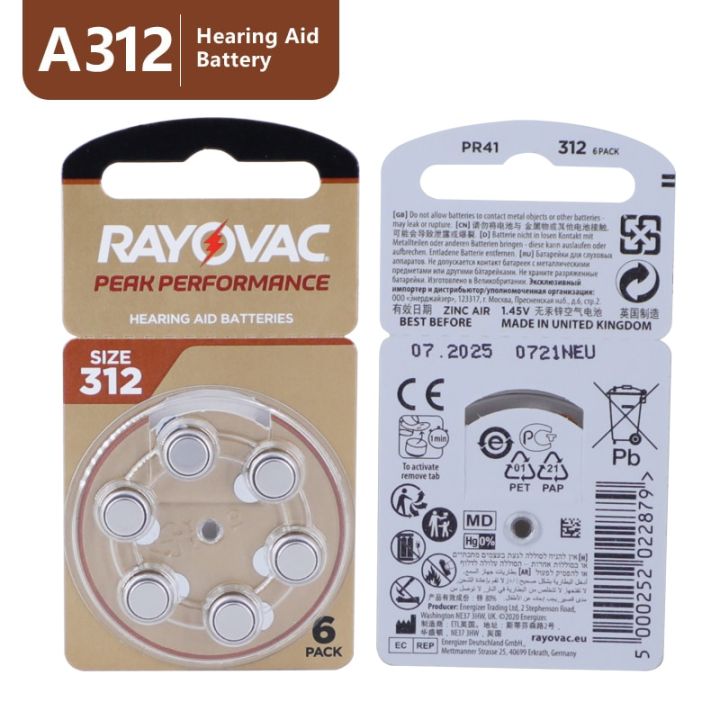 Hearing Aid Batteries 60PCS/10 Cards RAYOVAC EXTRA 1.45V 312 312A A312 PR41  Zinc