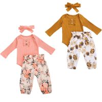 FOCUSNORM 0-18M Newborn Baby Girl Clothes Sets Long Sleeve Ruffles Knit Romper Tops Floral Pant Trouser Headband  by Hs2023