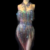 【YD】 Nightclub Costume Sparkly Colorful Crystals Fringed Sleeve Bodysuit Female Bar Show Elastic Leotard