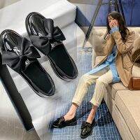 2021Spring and Autumn New Womens Loafers Cow Leather Non-slip Pointed-toe Flat Shoes Bow-knot Decorated Mid-heel Womens Loafers