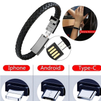 สายชาร์จข้อมูล USB แบบสั้นสําหรับ iPhone + MicroUSB + Type-C ที่ชาร์จสร้อยข้อมือหนังสําหรับ iPhone 14 13 12 11 Pro Max