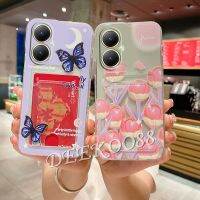 เคสสำหรับ VIVO Y27 Y36 Y02 Y02T Y02A V27 V25e กระเป๋าเก็บบัตร Y16นุ่มเคสโทรศัพท์ลายผีเสื้อสีม่วง Y22 Y77 V27e Pro 5G 4G ดอกทิวลิป Y22S