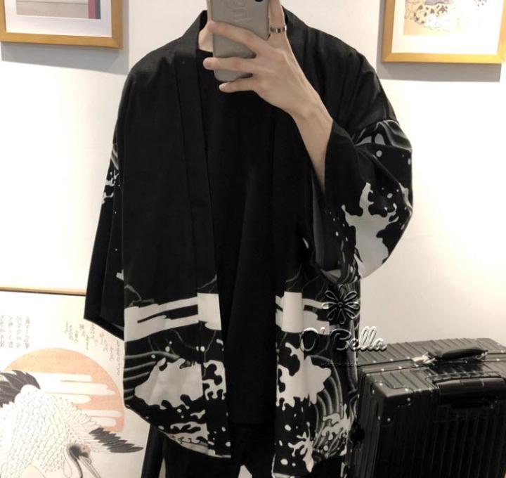 เสื้อคลุมญี่ปุ่นสำหรับผู้ชาย-ลายมังกรขาว-มังกรดำ-สไตล์กิโมโนลายสักชายสีดำ-เสื้อคลุมแฟชั่น-men-japanese-yukata-coat-kimono-outwear-vintage-loose-top-dragon