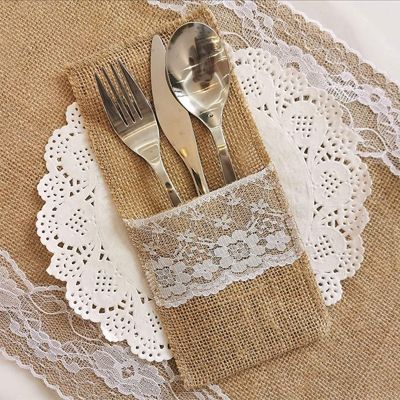hotx【DT】 10Pcs/Lot Burlap Cutlery Holder Tableware Silverware Pockets Wedding Table Decoration
