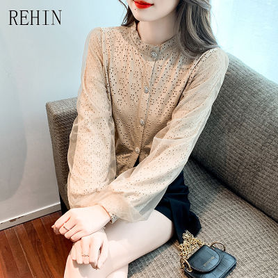 REHIN ของผู้หญิงฤดูใบไม้ร่วงใหม่เวอร์ชั่นเกาหลีถักกลวงตาข่ายเสื้อแขนยาวการออกแบบแฟชั่นเสื้อหรูหรา