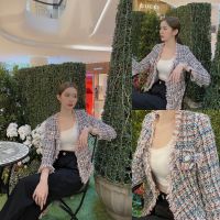 SLYQ IRISH FRAYED TWEED CARDIGAN ? เสื้อคาร์ดิแกนแขนยาวไหมพรมแต่งรุ่ย ผ้าทอสลับสีสวยมากกกก