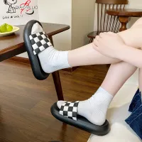 QiaoYiLuo The new Korean version of ins stepping on shit-feeling slippers female black and white plaid thick bottom couple sandals outside the beach