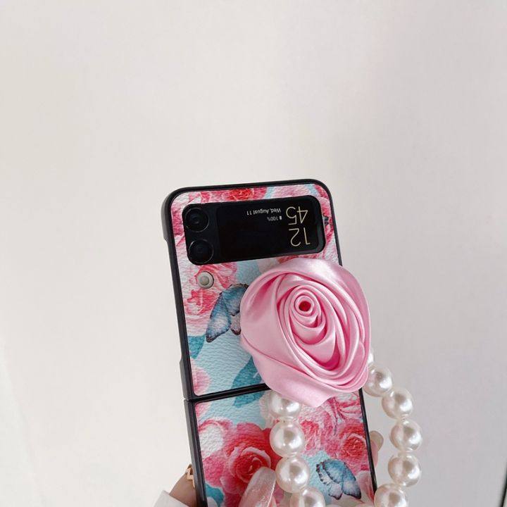 เคสโทรศัพท์มือถือนิ่ม-ปิดด้านหลัง-ลายดอกไม้-ดอกกุหลาบ-3d-หรูหรา-พร้อมสร้อยข้อมือ-ประดับมุก-สไตล์เกาหลีวินเทจ-สําหรับ-samsung-galaxy-z-flip-3-5g-z-flip-4-zflip4