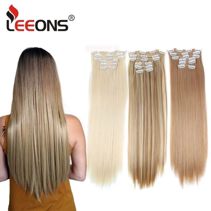 leeons-16สี16คลิปสังเคราะห์ยาวตรงผมต่อคลิปผมสีน้ำตาลดำไฟเบอร์อุณหภูมิสูง