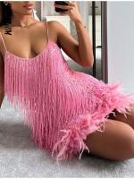 ZZOOI Sexy Womens Fringed Sequin Feather Stitching Dress 2022 Summer Slim V-Neck Off Shoulder Dresses Female Backless Slip Mini Robe