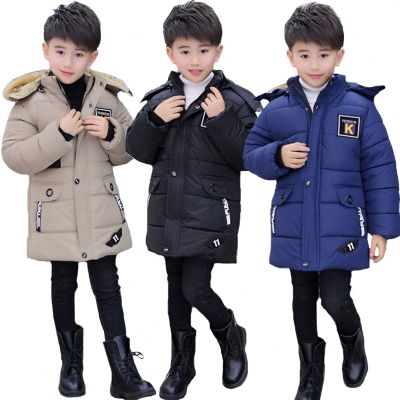 2022 Big Size Teenager Boys Jacket Winter Mid-Length Plus Velvet Thicken Solid Color Down Cotton Hooded Windbreaker For 4-14Y