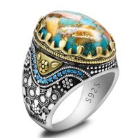 S925 Silver Crown Oyster Turquoise Ring Mens Vintage Türkiye Handmade Turquoise Ring Luxury Womens Jewelry Gift Silver