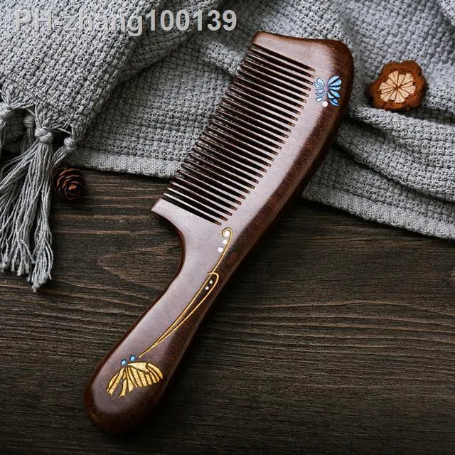 1pcs-massage-combs-natural-gold-sandalwood-dense-tooth-butterfly-painted-wood-comb-head-massager-pocket-hair-comb-gift-for-women