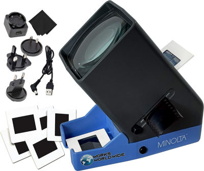 MINOLTA 35mm Desk Top Portable LED Slide and Negative Viewer Luminated 3X Magnify – for 2"x2" Slides &amp; Positive Negatives - Worldwide AC Adapter &amp; Plugs, Battery Operation &amp; Cloth