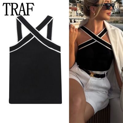 TRAF 2023เสื้อโชว์ไหล่ผู้หญิง,เสื้อครอปเปิดไหล่สีดำเปิดหลังเสื้อแขนกุดสตรีทแวร์เสื้อฤดูร้อนเซ็กซี่