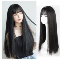 Ladies Black Long Straight Hair Wig Full Headgear Air Bangs Classy Fashion