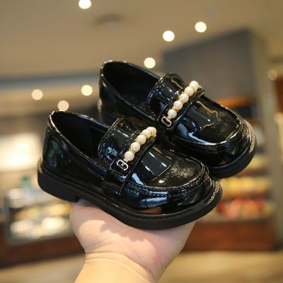 Girls Leather Shoes for School Party Wedding Kids Black Loafers Slip-on Children Flats Fashion British Style Pearls Beading New