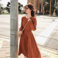 Knitted Womens Dress New High Waist Slimming Solid Mini Dresses Womens Pleated Long-Sleeved Dresses Robe Streetwear Atumn