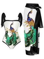 2023 New Women Vintage Colorblock Abstract Floral Print 1 Piece Swimwear+1 Piece Cover UP Two Piece Vintage Print Swimsuit Monokini Bathing Suit Summer Surf Wear Beachwear