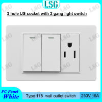 【LSG】ประเภท เต้าเสียบปลั๊กไฟสวิตช์ติดผนังแบบ3ขาแบบมาตรฐานพร้อม2ช่องแผงสวิตช์ไฟ2ทางตัวหน่วงไฟ250V 15A ปลั๊กไฟความปลอดภัยในครัวเรือน