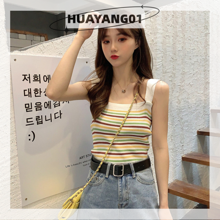 huayang01-2023-new-hot-fashion-lazlook-เสื้อกล้ามถักลายทางวินเทจฤดูร้อนเสื้อกล้ามผู้หญิงแขนกุดหวานเข้ารูป