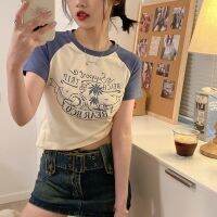 ✱✤▬ 51150 Short Letter Print Raglan Sleeve Color-Blocking T-Shirt Top