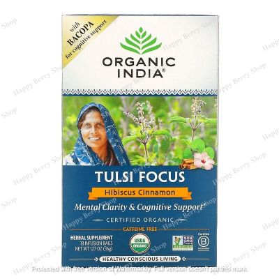 ชาอินเดีย ORGANIC INDIA HERBAL TEA ⭐FOCUS Tulsi Hibicus Cinnamon ไม่มีคาเฟอีน🍵 ชาสมุนไพรอายุรเวทออร์แกนิค 1 กล่องมี18ซอง ชาเพื่อสุขภาพนำเข้าจากต่างประเทศ