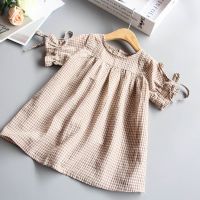 ZZOOI Vintage Baby Girls Dress Shirts Cotton Kids Linen Loose Tops Summer Plaid Dresses O-neck Short Sleeve Princess Dress 0-5 Y