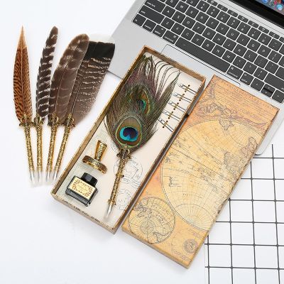 ZZOOI New and unique! Natural peacock feather dip pen set writing ink luxury box customizable LOGO Christmas gift