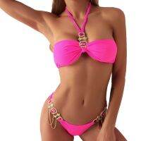 New Style Swimsuit Luxury Crystal Diamond Chain Female Split Laced-Up Halter European American y Bikini-0707