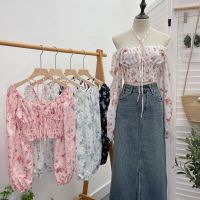 Real shot Floral Halter Neck Strap One Shoulder Puff Sleeve Shirt Womens Spring Short Waist Tube Top 8898