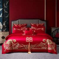 2023 New Chinese Style Wedding Red Cotton Bedding Set Luxury Gold Tassels Flowers Embroidery Duvet Cover Bed Sheet Pillowcases
