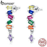 CWbamoer ต่างหูวินเทจสีรุ้ง925สเตอร์ลิงซิลเวอร์สแควร์เพทายต่างหูตีสีสำหรับผู้หญิงเครื่องประดับแฟชั่น SCE1185