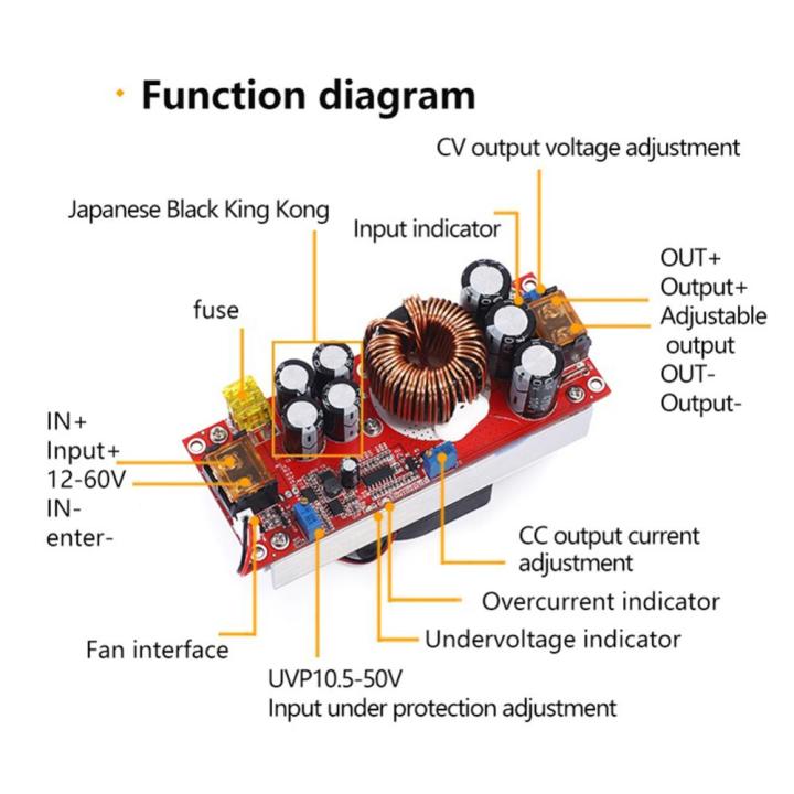 โมดูลสเต็ปพาวเวอร์ซัพพลาย-dc-dc-30a-โมดูลติดตั้งตัวแปลงไฟฟ้า1800w-dc10-60v-เครื่องชาร์จแรงดันพัดลมควบคุมอุณหภูมิแบบปรับได้12-90v