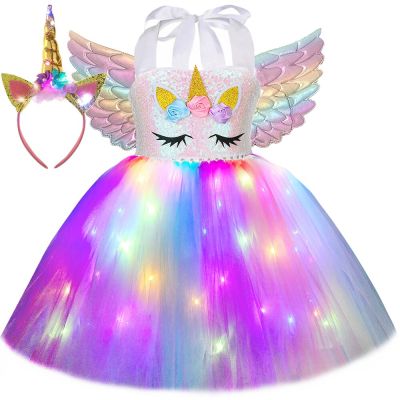Girls Unicorn Dress LED Light Up Birthday Party Tutu Princess Dress Outfit Halloween Christmas Unicorn Costume for Kids Clothes