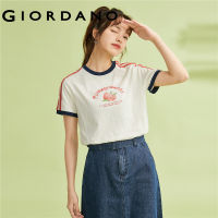 GIORDANO ผู้หญิง เสื้อยืดคอกลมแขนสั้นผ้าฝ้ายถักลายผลไม้สีตัดกัน Free Shipping 05323398 105