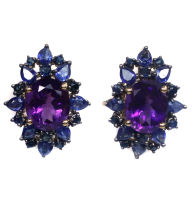 ต่างหูพลอยแท้ อเมทิสต์ (Amethyst) 10 x 12 mm. ล้อม ไพลิน เงินแท้ 925 ชุบทอง 18k