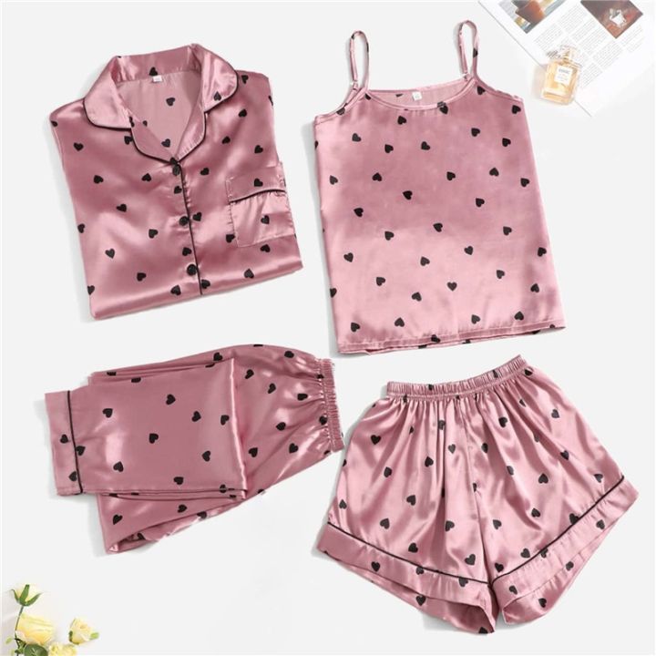 4-pieces-sleepwear-set-pajama-set-for-women-faux-silk-stain-nightwear-fashion-comfortable-sexy-sling-shorts-printed-home-clothes