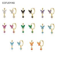 CCFJOYAS ตุ้มหู925เงินสเตอร์ลิงสีทองประดับเพชร CZ ทรงปล่อยผีเสื้อเครื่องประดับอย่างดีสำหรับผู้หญิงต่างหูแบบห่วง