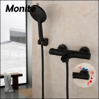 Monite ติดผนัง Thermostatic ผสมก๊อกเคลือบสีดำก๊อกน้ำฝักบัวชุดสัมผัสอ่างอาบน้ำอ่างล้างจานก๊อกน้ำมือชุดฝักบัว ~