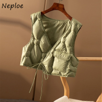 Neploe Cropped Womens Waistcoat Fashion Drawstring Solid Color Cotton Waistcoats Sleeveless Outerwear Winter Vest Jacket Female