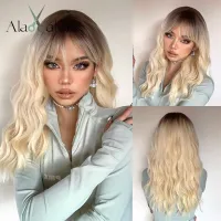 ALAN EATON Long Blonde Wavy Synthetic Wigs with Bangs Ombre Light Blonde Wig for Women Cosplay Natural Hair Wig High Temperature Wig  Hair Extensions